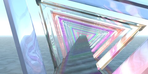 An arched tunnel made of colored glass under a blue sky.
