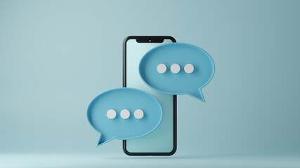 Mobile phone with comment sign symbol or message talk sign on blue background.Relationship online concept. 3d render. - obrazy, fototapety, plakaty