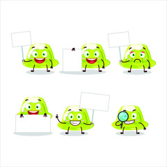 Green pudding cartoon character bring information board. Vector illustration
