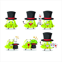 A green pudding Magician cartoon character perform on a stage. Vector illustration