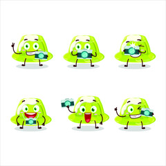 Photographer profession emoticon with green pudding cartoon character. Vector illustration