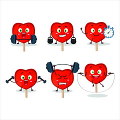 A healthy lolipop love cartoon style trying some tools on Fitness center. Vector illustration