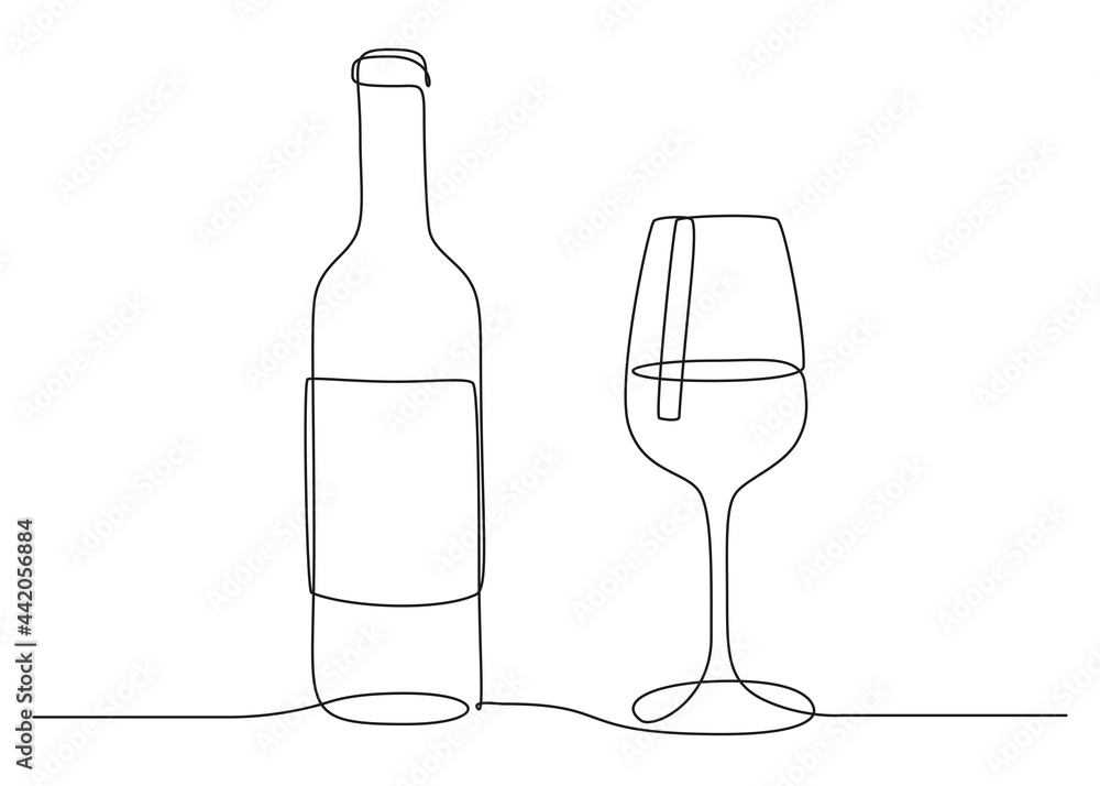Poster continuous one line drawing of wine glass and bottle. drink in cup in linear style. editable stroke.