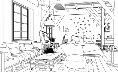 Truss Loft Bedroom with Pallet Furniture (scetch) - 3d illustration