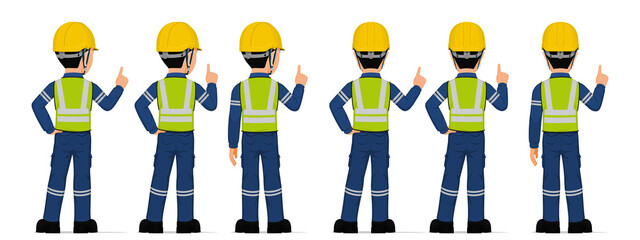 Set of industrial worker is pointing to something on white background