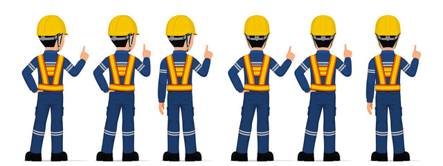 Set of industrial worker is pointing to something on white background