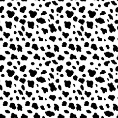 Abstract modern cow fur seamless pattern. Animals trendy background. Black and white decorative vector illustration for print, card, postcard, fabric, textile. Modern ornament of stylized skin