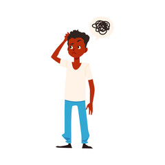 Thinking confused african american boy flat vector illustration isolated.
