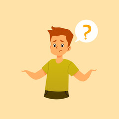 Puzzled confused boy has question, flat vector illustration isolated on white.