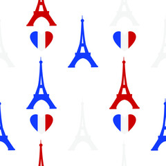 Tour Eiffel with hearts seamless pattern. Paris symbols vector illustration. Romantic travel in Paris.