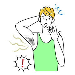 自分の不快な脇の下の臭い(わきが)に気づき困る可愛い男性 イラスト シンプル ベクター