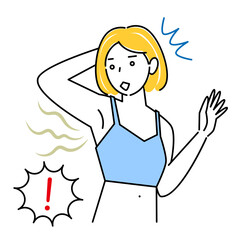 不快な脇の下の臭い(わきが)に気づき困る水着姿の可愛い女性 イラスト シンプル ベクター