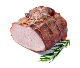 Ham with rosemary isolated on white.