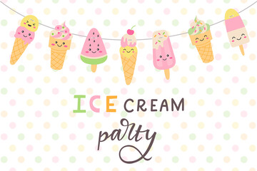 Ice cream party poster. Garland of cute ice cream and hand lettering. Summer vector ilustartion.