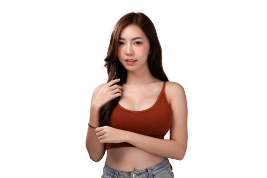 Breast surgery asian woman, Red crop bralettes outfit, isolated with white background