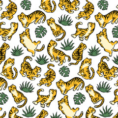 手描き風　虎と植物のシームレスパターン　黒ライン
