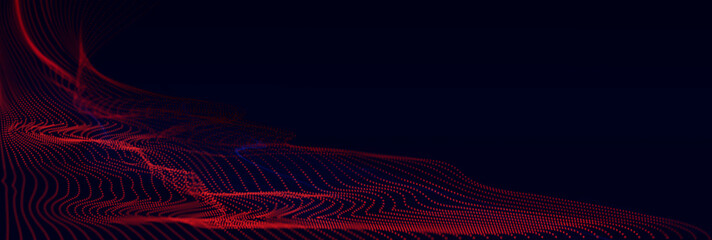 Dynamic red particles sound futuristic wave flowing over dark horizontal background - Powered by Adobe