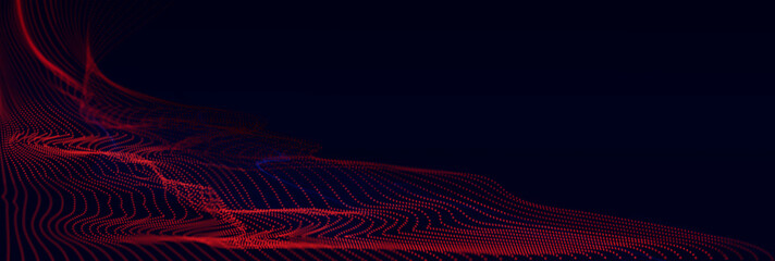 Dynamic red particles sound futuristic wave flowing over dark horizontal background