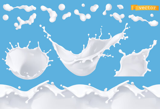 Milk splash, drop and seamless pattern. 3d realistic vector set