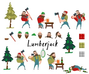 A lumberjack in various positions holds an ax in his hands. Vector images isolated on white. Lumber with tree, lumberjack cartoon character illustration