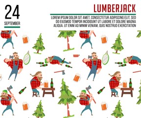Lumberjack and lumberjack with beard concept and matching thin line icons: lumberjack gmtn beer resting after work, flonel shirt braiding beard in braids. Vector illustration for banner, web page, pri