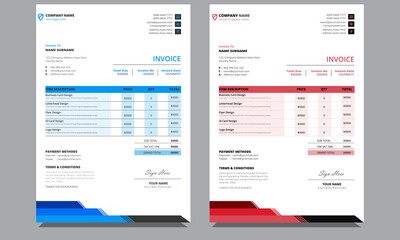 Unique official modern professional clean company minimalist corporate creative business invoice design template with blue and red colors.