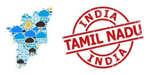 Climate pattern map of Tamil Nadu State, and distress red round stamp. Geographic vector collage map of Tamil Nadu State is organized with random rain, cloud, sun, thunderstorm items.