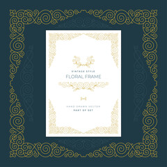 Vintage style floral frame, ornaments and with design elements set. Retro greeting card, invitation, certificate, diploma, label and menu templates. Part of set.