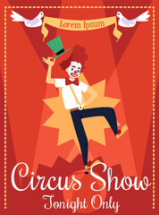 Advertising banner for circus show with clown flat vector illustration.