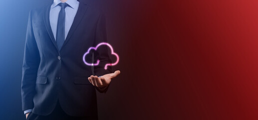 Businessman hold cloud icon.Cloud computing concept - connect smart phone to cloud. computing network information technologist with smart phone.Big data Concept.