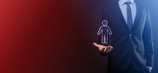 Businessman holds man person icon on dark tone background.HR Human ,people iconTechnology Process System Business with Recruitment, Hiring, Team Building. Organisation structure concept