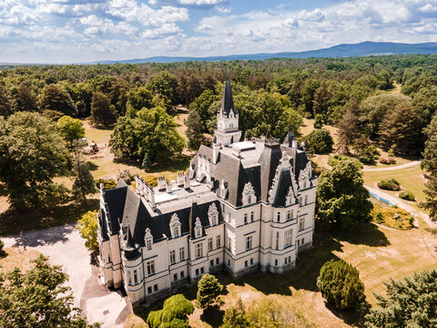 Budmerice Castle from 19th century in nature landscape. Tree in forest park in budmerice, slovakia