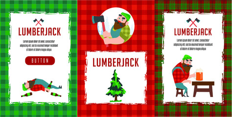 set Lumberjack and lumberjack with beard concept and related thin line icons: Lumberjack drinks beer resting after work, flonel shirt braids beard in braids. Vector illustration for banner, web page, 