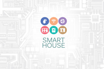 Smart house icons on a light background. Smart house as a symbol of internet of things system. Centralization of smart home control. Centralized control of household appliances at home. IOT icons