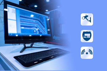 Smart home security symbols next to computer screen. Centralized security management system. Concept - software for smart home security. Centralized control of cctv camera and home doors