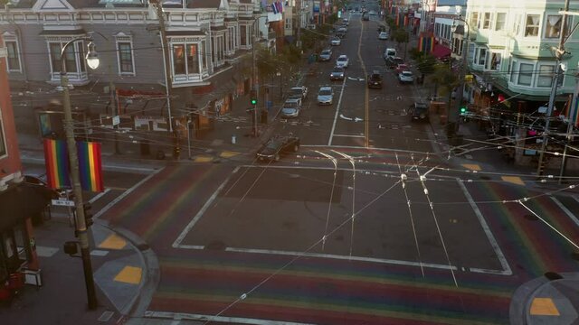 Aerial: Traffic And LGBTQ Rainbow Crosswalk In The Castro. San Francisco, USA