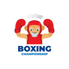 Boxing mascot young lion. Boxing championship logo with cartoon style drawing lion. Lion cub with boxing gloves. Part of set.