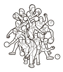 Men Playing Bowling Sport Players Bowler Action Cartoon Graphic Vector