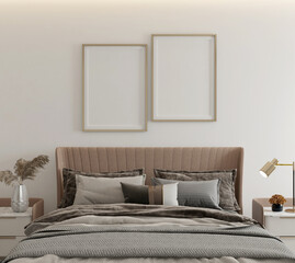 Modern Contemporary Bedroom with blank poster frame. 3D Rendering.