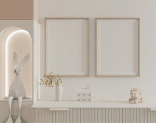 cute kids bedroom with blank poster frame. 3D Rendering