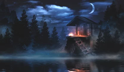  Night fantasy landscape with abstract mountains and island on the water, wooden house on the shore, moonlight, fog, night lamp. 3D  © MiaStendal