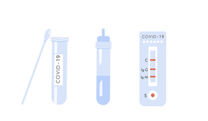 Icons of Covid-19 Home Test Kit. Coronavirus antibody blood test. Rapid strep RST. Rapid antigen detection RADT. Vector illustration isolated on white. - obrazy, fototapety, plakaty