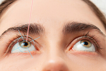 Close up of woman's eyes looking up and laser beam lighting at pupil of the eye. The concept of...