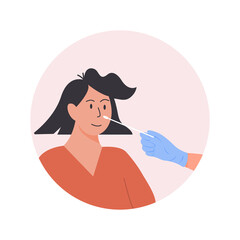 A doctor or nurse in latex gloves takes nasal swab laboratory sample from female patient. Covid-19 PCR test. Woman doing Coronavirus testing. Vector Illustration in flat style.