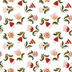 Minimalistic floral seamless pattern on white background. Vector, varied garden flowers flat style.
