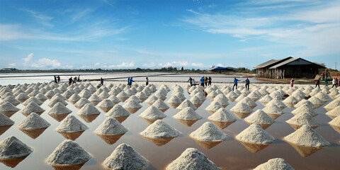 Worker Harvesting salt in salt field at Ban Laem-Thailand