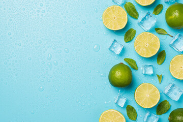 Above photo of heap of limes cubes of ice mint and drops isolated on the blue background with blank space
