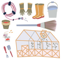 a set of gardening tools and a greenhouse
