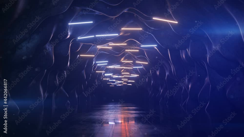 Poster empty corridor with blue fluorescent lamps. new planet exploration concept. 3d render seamless loop 
