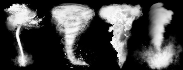 Flowing smoke. Set of tornado isolated on black background - obrazy, fototapety, plakaty